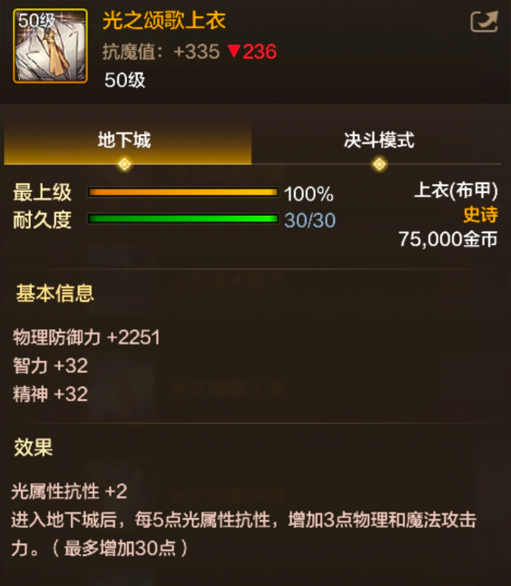 《地下城与勇士：起源》光之颂歌上衣装备图鉴